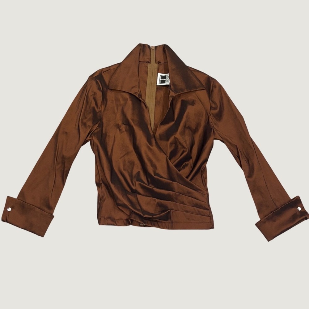 VTG 90s Tadashi Shoji Chocolate Brown Taffeta Faux Wrap Blouse Minimalist 10
